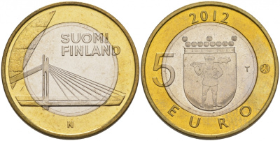 Финляндия 5 евро 2012 исторические здания, свечной мост лесоруба, Лапландия KM 192 биметалл UNC M7-7