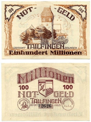 ТАИЛФИНГЕН 100000000 марок (100 МИЛЛИОНОВ) 1923 ОКТЯБРЬ 1923, НОТГЕЛЬД, ЗЕМЛЯ Keller 5119а бумага 2193-29-3-1