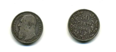 БЕЛЬГИЯ 50 САНТИМОВ 1907 ЛЕОПОЛЬД II, BELGEN KM 61.1 серебро 179-646