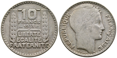 Франция 10 франков 1934 Пьер Тюрен KM 878, Le Franc 360.7 серебро 177-253