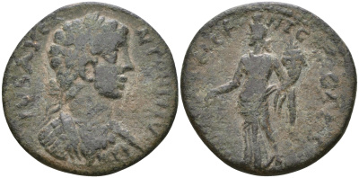 Римская Империя, Провинция Галатия, Писидия, Антиохия AE 198 - 217 Каракалла, ANTONINVS PIVS AVG, бюст императора / ANTIOCH GENI COL CA, Гений города с рогом изобилия и патерой ( Rare ) SNG Paris 1178 corr. (as Elagabalus) бронза 1100-7-15