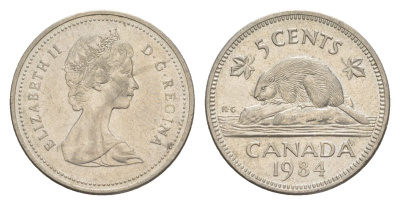 Канада 5 центов 1984 Елизавета II (1952-2022), бобр KM 60.2a медно-никель 4630-733