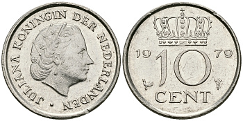 НИДЕРЛАНДЫ 10 ЦЕНТОВ 1979 ЮЛИАНА KM 182 никель 96-426