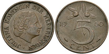 НИДЕРЛАНДЫ 5 ЦЕНТОВ 1960 ЮЛИАНА KM 181 бронза 95-344