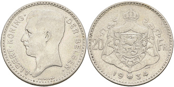 Бельгия 20 франков 1934 Альберт I (1909-1934), Der Belgen KM 104.1 серебро 4117-136
