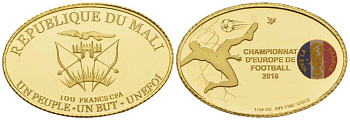 Мали 100 франков 2016 Чемпионат Европы по футболу во Франции, овал, эмаль KM NEW золото PROOF 00-820-11
