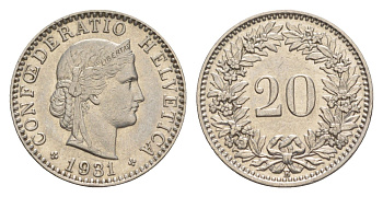 Швейцария 20 раппенов 1931 B KM 29 никель     4643-347