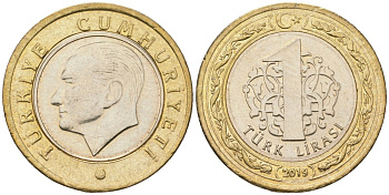 Турция 1 лира 2019 KM 1244 биметалл 4610-1213