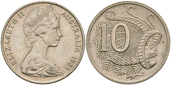 Австралия 10 центов 1983 Елизавета II (1952-), птица лирахвост KM 65 медно-никель 4364-2014