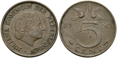 НИДЕРЛАНДЫ 5 ЦЕНТОВ 1960 ЮЛИАНА KM 181 бронза 95-344