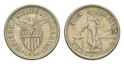 Филиппины 10 сентаво 1920 редкий год, тираж - 520.000 экземпляров KM 169 серебро 1527-1212