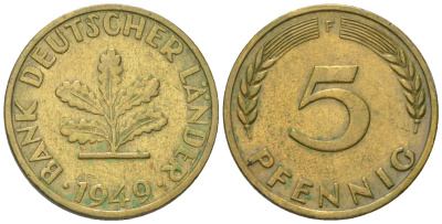 ФРГ 5 пфеннигов 1949 F KM 102, J. 377 сталь плакированная латунью 4164-526