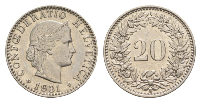 Швейцария 20 раппенов 1931 B KM 29 никель     4643-347