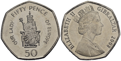 Гибралтар 50 пенсов 2008 старая леди Европа KM 1090 медно-никель UNC M4-15