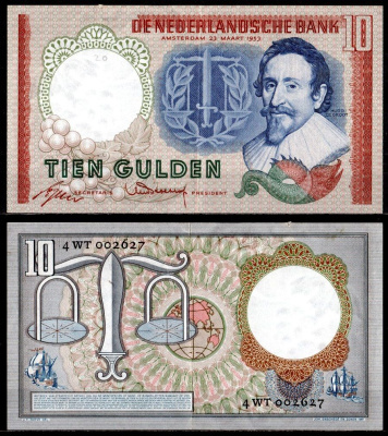 Нидерланды 10 гульденов 1953 Хьюго де Грyт. Весы Pick 85 бумага 451-1082-1