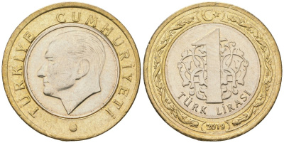 Турция 1 лира 2019 KM 1244 биметалл 4610-1213