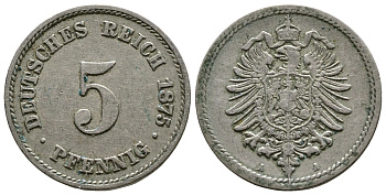 Германия 5 пфеннигов 1875 А, старогербовкаKM 3, J.3 медно-никель 4364-2846