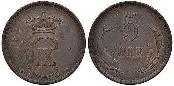 Дания 5 эре 1874 KM 794.1 бронза 4112-115