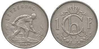 ЛЮКСЕМБУРГ 1 ФРАНК 1957 СТАЛЕВАР KM 46.2 медно-никель 62-837