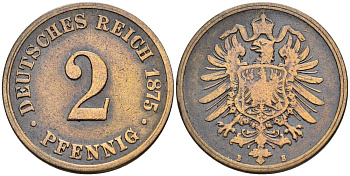 ГЕРМАНИЯ 2 ПФЕННИГА 1875 B, СТАРОГЕРБОВКА KM 2, Jager 2, Weege 3 медь 4546-543