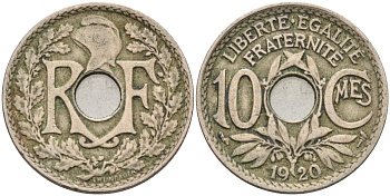 Франция 10 сантимов 1920 KM 866а, Le Franc 138.4 медно-никель 4591-1046