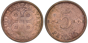ФИНЛЯНДИЯ 5 ПЕННИ 1975 KM 45 медь UNC 3334-1058