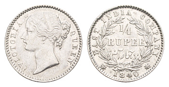 Британская Индия (Ост-Индская компания) 1/4 рупии 1840 Виктория (1837-1901) KM 454 серебро 1528-932