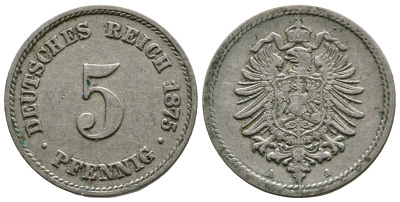 Германия 5 пфеннигов 1875 А, старогербовкаKM 3, J.3 медно-никель 4364-2846