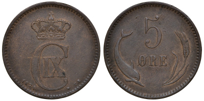 Дания 5 эре 1874 KM 794.1 бронза 4112-115