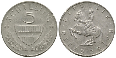 АВСТРИЯ 5 ШИЛЛИНГОВ 1968 KM 2889а медно-никель 4364-3114