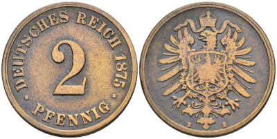 ГЕРМАНИЯ 2 ПФЕННИГА 1875 B, СТАРОГЕРБОВКА KM 2, Jager 2, Weege 3 медь 4546-543