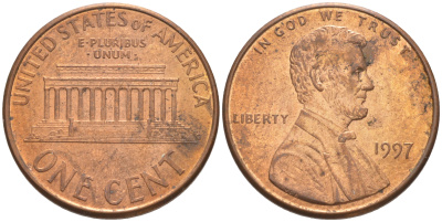 США 1 ЦЕНТ 1997 ЛИНКОЛЬН KM 201b цинк плакированный медью 63-341