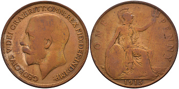 Великобритания 1 пенни 1915 Георг V (1910-1936) KM 810, Spink 4051 бронза 4593-144