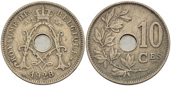 БЕЛЬГИЯ 10 САНТИМОВ 1928 BELGIQUE KM 85.1 медно-никель 4529-134