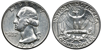 США 25 центов (квотер) 1964 Вашингтон KM 164 серебро UNC 00-00