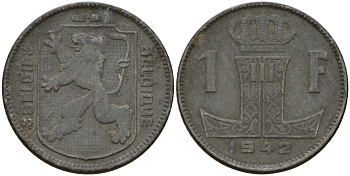 Бельгия 1 франк 1942 Belgique - Belgie, Леопольд III (1934-1947), германская оккупация, Вторая мировая война KM 127 цинк 4161-444
