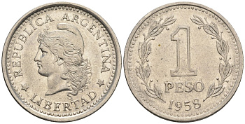 Аргентина 1 песо 1958 голова свободы влево KM 57, Schon 57 сталь плакированная никелем    60-1014
