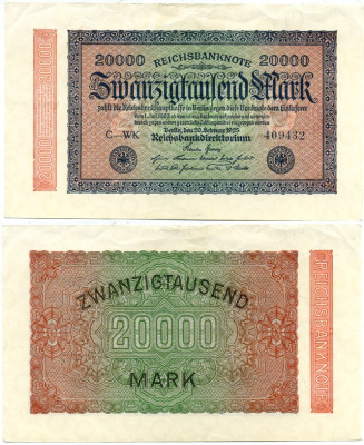 ГЕРМАНИЯ 20000 МАРОК 1923 20 ФЕВРАЛЯ 1923, ВОДЯНОЙ ЗНАК L Pick 85a бумага 6289-43-3-1