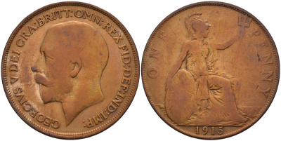 Великобритания 1 пенни 1915 Георг V (1910-1936) KM 810, Spink 4051 бронза 4593-144