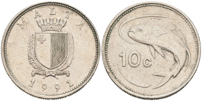 Мальта 10 центов 1991 макрель KM 96 медно-никель 4575-127