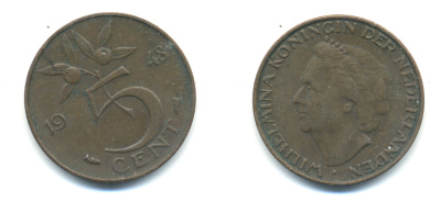 НИДЕРЛАНДЫ 5 ЦЕНТОВ 1948 ВИЛЬГЕЛЬМИНА KM 176 бронза 83-842