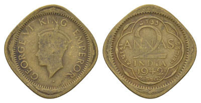 Индия 2 анны 1942 Отметка монетного двора - . (точка) - Бомбей KM 541a никель латунь 4624-1057