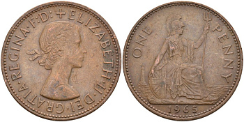 Великобритания 1 пенни 1965 Елизавета II (1952-2022) КМ 897, Spink 4157 бронза 4574-241