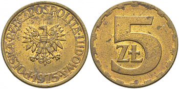 ПОЛЬША 5 ЗЛОТЫХ 1975 ЛЕНИНГРАДСКИЙ МОНДВОР KM 81.1 латунь 3856-814