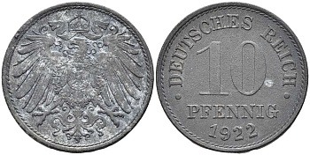 ГЕРМАНИЯ 10 ПФЕННИГОВ 1922 KM 26, J. 299 цинк 4401-222