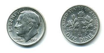 США 10 ЦЕНТОВ = 1 ДАЙМ 1965 РУЗВЕЛЬТ KM 195а медь плакированная медно-никелем 54-249