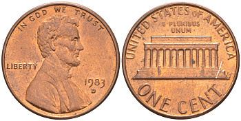 США 1 ЦЕНТ 1983 D, ЛИНКОЛЬН KM 201b цинк плакированный медью UNC 187-728