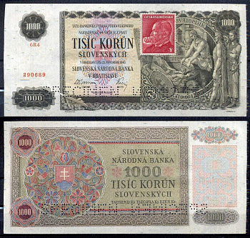 Чехословакия 1000 крон 1940 (1945) Образец, SPECIMEN, с маркой. Pick 56 бумага 00-00