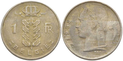 БЕЛЬГИЯ 1 ФРАНК 1968 BELGIE, БОДУЭН I (1951-1993) KM 143.1 медно-никель 119-615