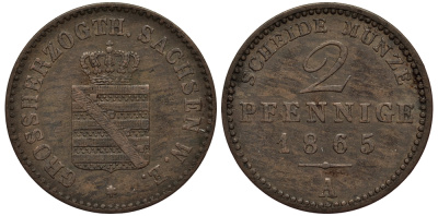 Саксен-Веймар-Эйзенах 2 пфеннига 1865 A C # 90 медь 00-00